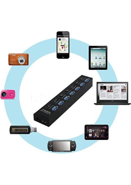 7 Port Adaptörlü USB Hub Çoklayıcı USB 3.0 On Off Tuşlu