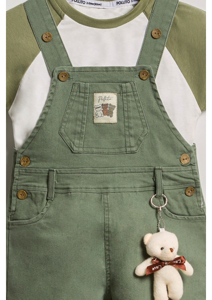 Erkek Çocuk Ayarlanabilir Düğmeli Ayıcık Teddy Oyuncaklı Sülfür Salopet Tişört 2'li Takım