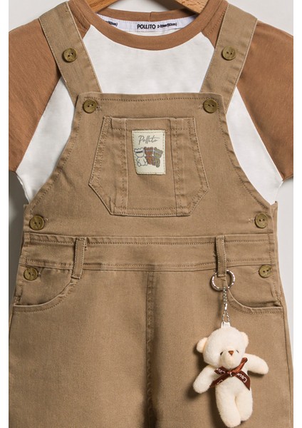 Erkek Çocuk Ayarlanabilir Düğmeli Ayıcık Teddy Oyuncaklı Sülfür Salopet Tişört 2'li Takım