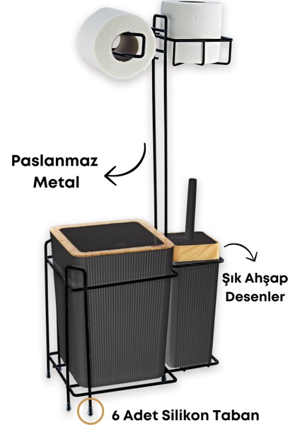 Ahşap Desenli Metal Standlı Yedekli Wc Kağıtlık Banyo Seti Siyah