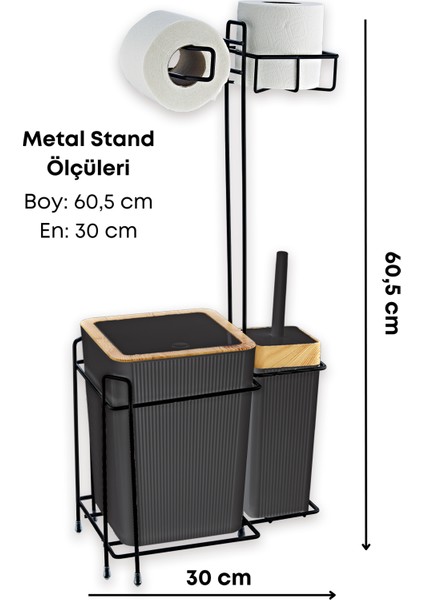 Ahşap Desenli Metal Standlı Yedekli Wc Kağıtlık Banyo Seti Siyah