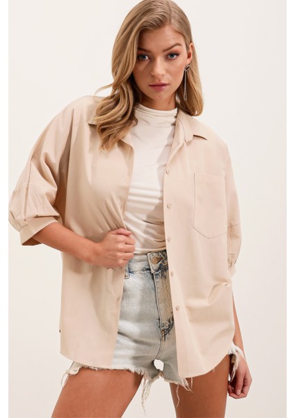 20213 Oversize Kısa Kol Basic Gömlek - Krem