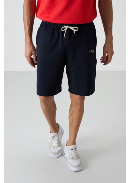 Fiesta - Lacivert Pamuklu Kalın Yumuşak Dokulu Oversize Fit Nakışlı Erkek Şort Takım - 85250