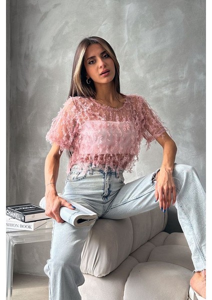 Pudra Simli Saçaklı Bluz