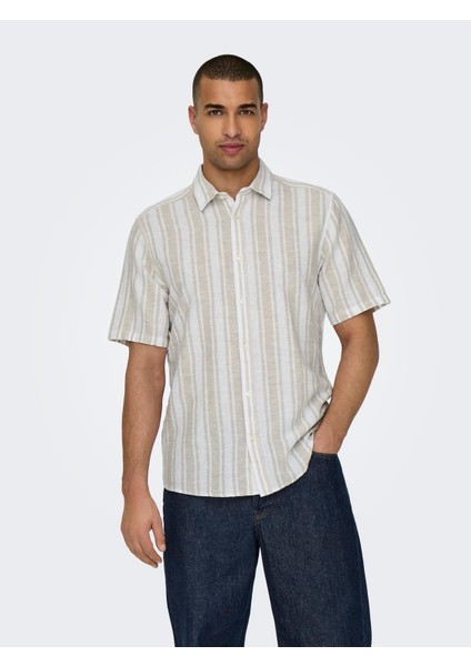 Only&sons Erkek Çizgi Desenli Keten Gömlek 22028420