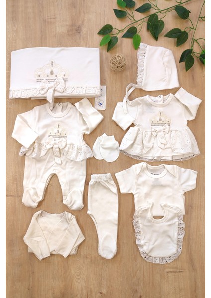 Kız Bebek Natıral Pamuk Kumaş Fistolu Dantelli Lüks 10 Lu Hastane Çıkışı Set STL6635