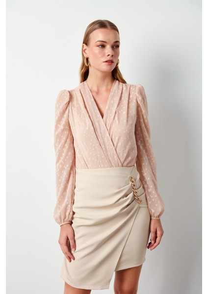 Desenli Kruvaze Bodysuit Bluz - Pudra modelleri