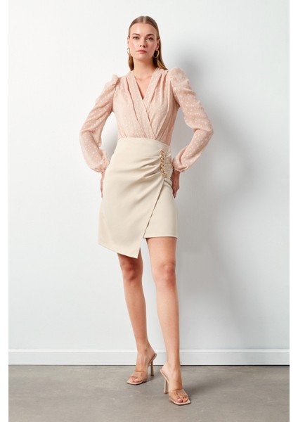 Desenli Kruvaze Bodysuit Bluz - Pudra indirimleri