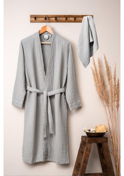 Unisex Kimono Müslin Bornoz + Havlu Seti Gri