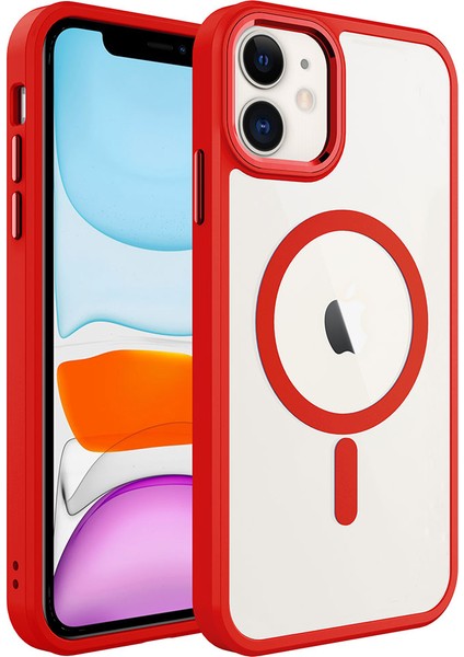 Cepte Aksesuar Apple iPhone 11 - Uyumlu Wireless Şarj Özellikli Krom Magsafe Silikon Kapak-Kırmızı