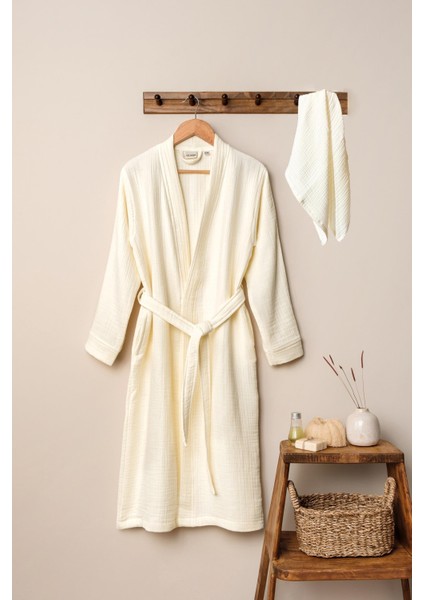 Unisex Kimono Müslin Bornoz + Havlu Seti Ekru