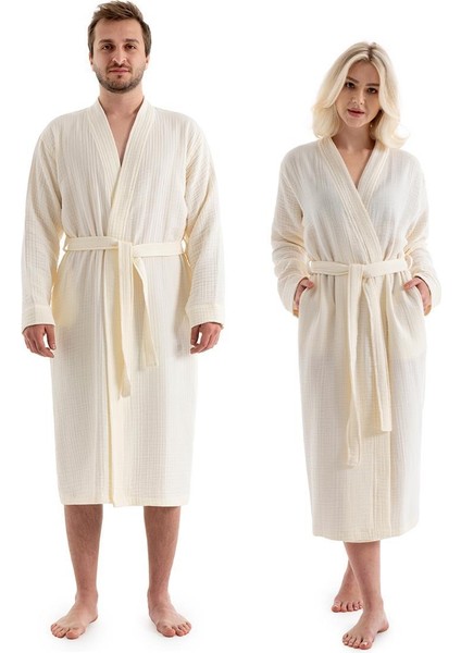 Unisex Kimono Müslin Bornoz + Havlu Seti Ekru fiyatları