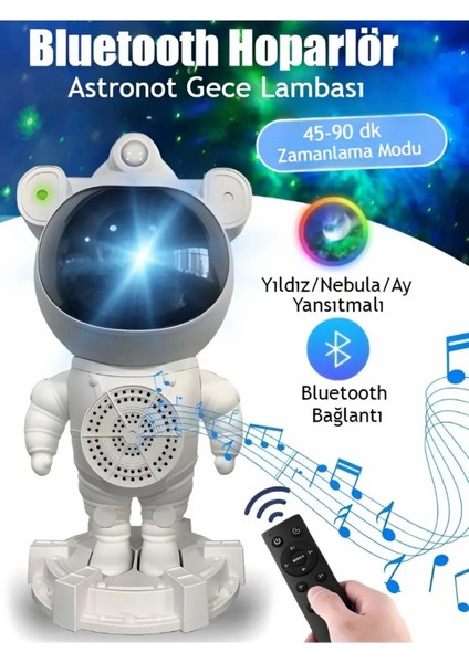 Astronot Bluetooth Hoparlörlü Galaksi Işık Projektörü Yatak Odası Için Gece Lambası ve Zamanlayıcılı Yıldız Tavan