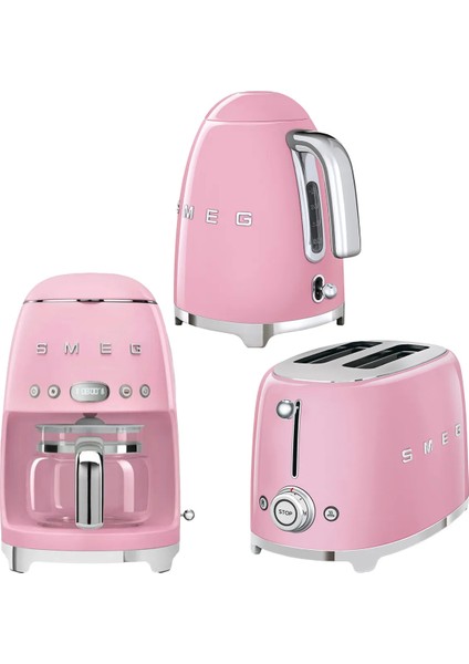 Smeg 50's Style Pembe Kettle - 1x2 Ekmek Kızartma Makinesi ve Filtre Kahve Makine Seti Klf-Tsf-Dcf