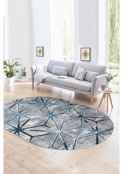 Dijital Kaymaz Yıkanabilir Modern Desen Oval Yolluk Mutfak Salon Halısı, N-O-Modern-39-Mavi,