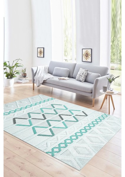 Dijital Baskılı Kaymaz Yıkanabilir Modern Desen Yolluk Mutfak Salon Halısı, N-Modern-81-Turkuaz,