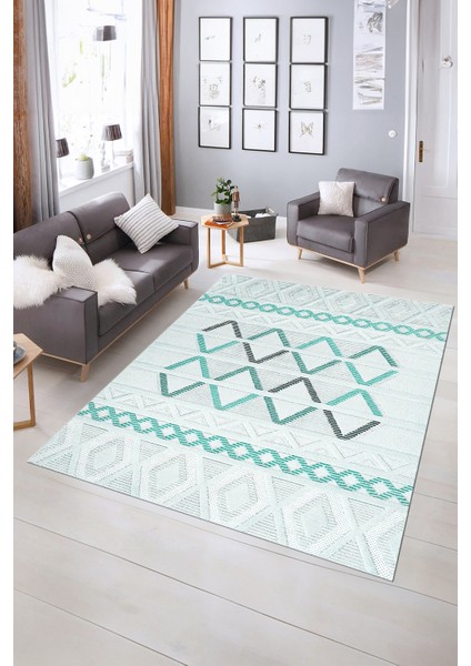 Dijital Baskılı Kaymaz Yıkanabilir Modern Desen Yolluk Mutfak Salon Halısı, N-Modern-81-Turkuaz, indirimleri