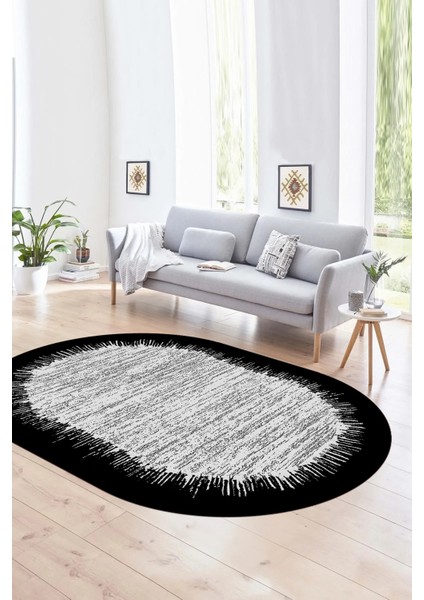 Dijital Kaymaz Yıkanabilir Modern Desen Oval Yolluk Mutfak Salon Halısı, N-O-Modern-43-Siyah,