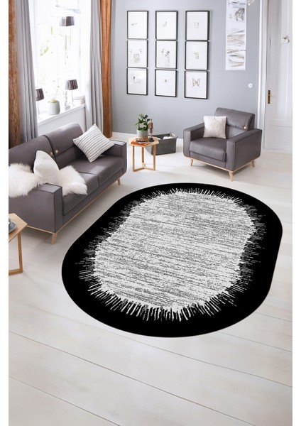 Dijital Kaymaz Yıkanabilir Modern Desen Oval Yolluk Mutfak Salon Halısı, N-O-Modern-43-Siyah, indirimleri