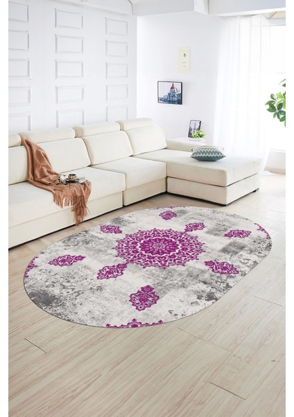 Dijital Kaymaz Yıkanabilir Modern Desen Oval Yolluk Mutfak Salon Halısı, N-O-Modern-45-Mor, fiyatları