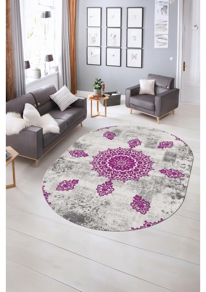 Dijital Kaymaz Yıkanabilir Modern Desen Oval Yolluk Mutfak Salon Halısı, N-O-Modern-45-Mor, indirimleri