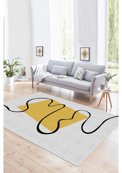 Dijital Baskılı Kaymaz Yıkanabilir Modern Desen Yolluk Mutfak Salon Halısı, N-Modern-61-Sarı,