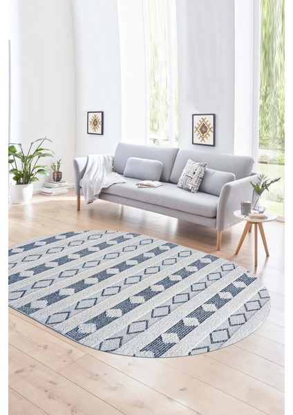 Dijital Kaymaz Yıkanabilir Modern Desen Oval Yolluk Mutfak Salon Halısı, N-O-Modern-64-Mavi,
