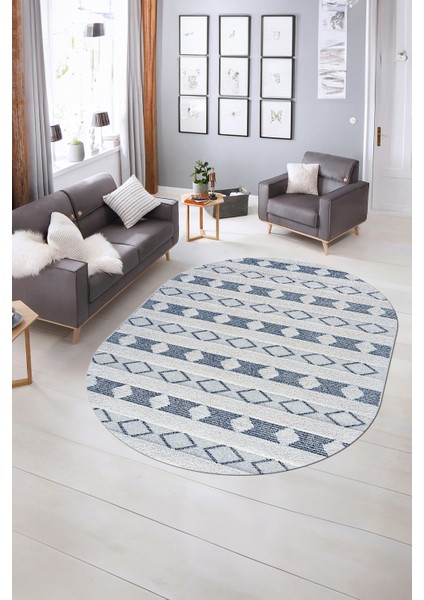 Dijital Kaymaz Yıkanabilir Modern Desen Oval Yolluk Mutfak Salon Halısı, N-O-Modern-64-Mavi, indirimleri
