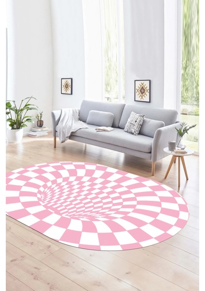 Dijital Kaymaz Yıkanabilir Modern Desen Oval Yolluk Mutfak Salon Halısı, N-O-Modern-78-Pembe,