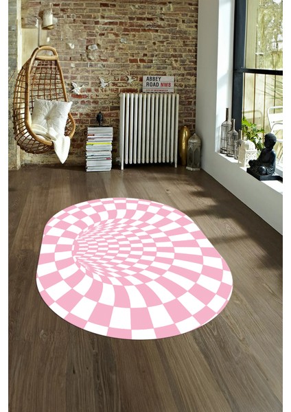 Dijital Kaymaz Yıkanabilir Modern Desen Oval Yolluk Mutfak Salon Halısı, N-O-Modern-78-Pembe,