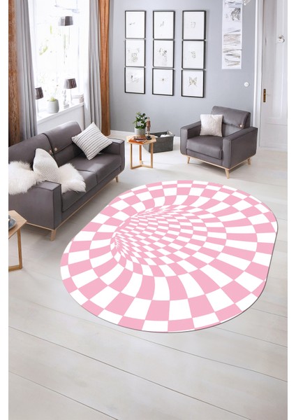 Dijital Kaymaz Yıkanabilir Modern Desen Oval Yolluk Mutfak Salon Halısı, N-O-Modern-78-Pembe,