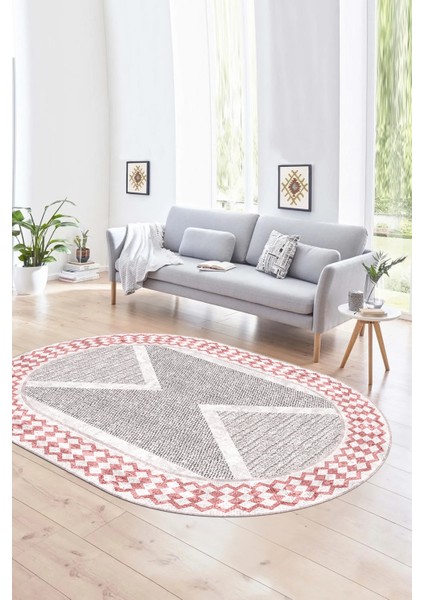 Dijital Kaymaz Yıkanabilir Modern Desen Oval Yolluk Mutfak Salon Halısı, N-O-Modern-07-Pembe,