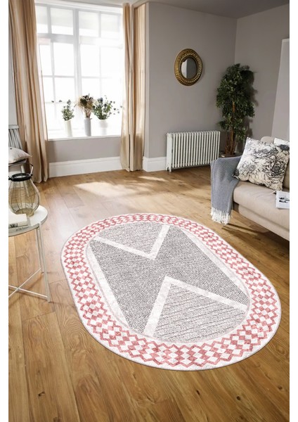 Dijital Kaymaz Yıkanabilir Modern Desen Oval Yolluk Mutfak Salon Halısı, N-O-Modern-07-Pembe, modelleri