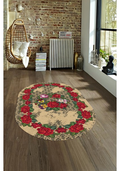 Dijital Kaymaz Yıkanabilir Modern Desen Oval Yolluk Mutfak Salon Halısı, N-O-Modern-21-Krem,
