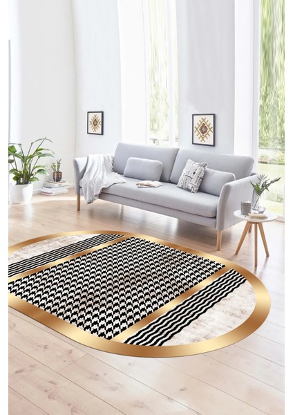 Dijital Kaymaz Yıkanabilir Modern Desen Oval Yolluk Mutfak Salon Halısı, N-O-Modern-10-Krem,