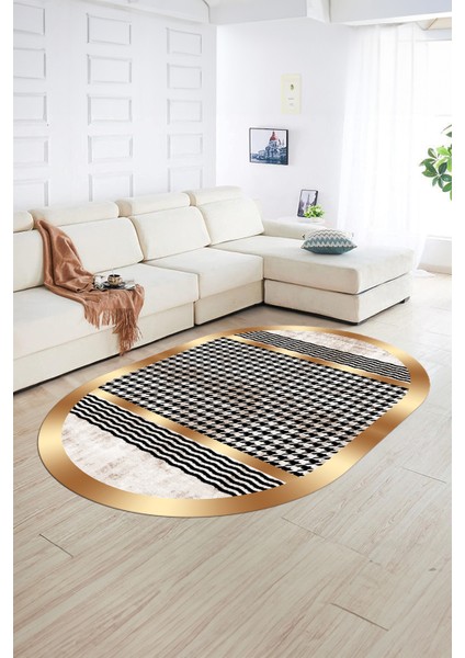 Dijital Kaymaz Yıkanabilir Modern Desen Oval Yolluk Mutfak Salon Halısı, N-O-Modern-10-Krem,