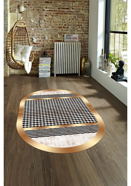 Dijital Kaymaz Yıkanabilir Modern Desen Oval Yolluk Mutfak Salon Halısı, N-O-Modern-10-Krem,
