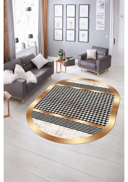 Dijital Kaymaz Yıkanabilir Modern Desen Oval Yolluk Mutfak Salon Halısı, N-O-Modern-10-Krem,