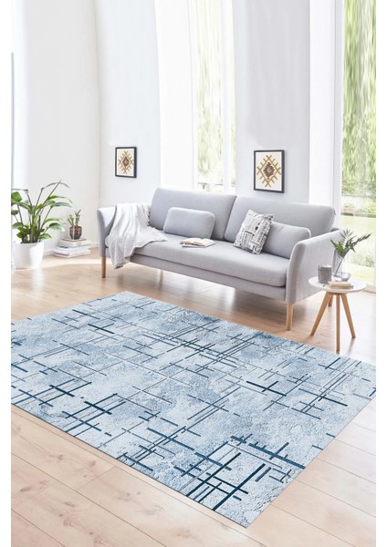 Dijital Baskılı Kaymaz Yıkanabilir Modern Desen Yolluk Mutfak Salon Halısı, N-Modern-89-Mavi,