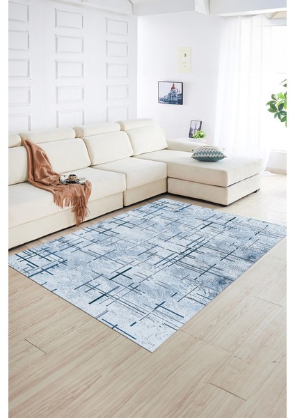 Dijital Baskılı Kaymaz Yıkanabilir Modern Desen Yolluk Mutfak Salon Halısı, N-Modern-89-Mavi,
