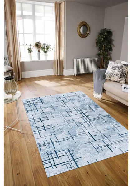 Dijital Baskılı Kaymaz Yıkanabilir Modern Desen Yolluk Mutfak Salon Halısı, N-Modern-89-Mavi,