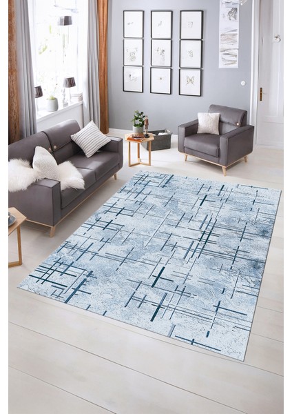 Dijital Baskılı Kaymaz Yıkanabilir Modern Desen Yolluk Mutfak Salon Halısı, N-Modern-89-Mavi,