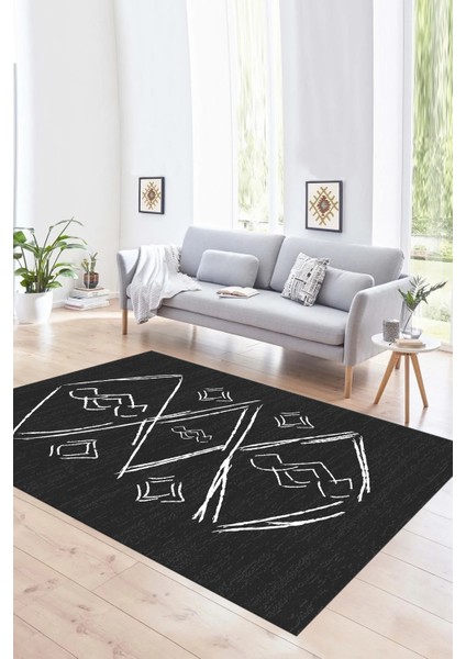 Dijital Baskılı Kaymaz Yıkanabilir Modern Desen Yolluk Mutfak Salon Halısı, N-Modern-59-Antrasit,