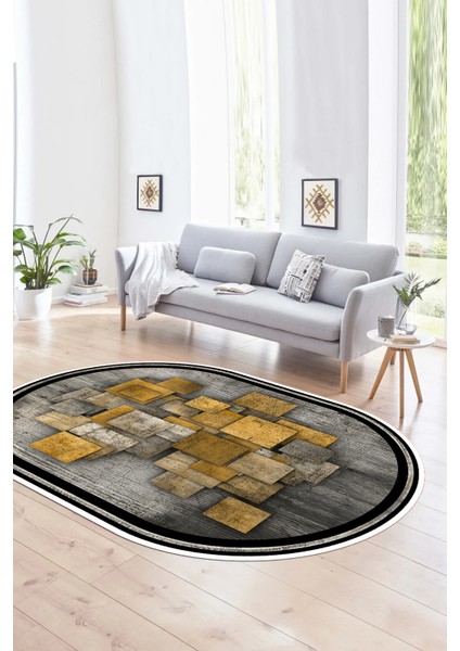 Dijital Kaymaz Yıkanabilir Modern Desen Oval Yolluk Mutfak Salon Halısı, N-O-Modern-13-Kahve,