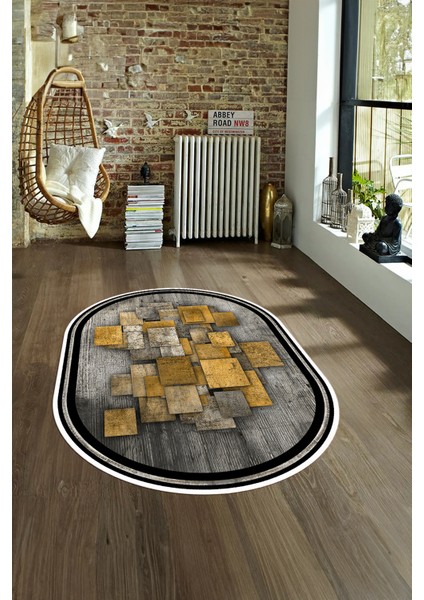 Dijital Kaymaz Yıkanabilir Modern Desen Oval Yolluk Mutfak Salon Halısı, N-O-Modern-13-Kahve, fırsatları
