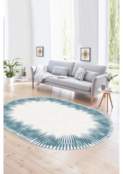 Dijital Kaymaz Yıkanabilir Modern Desen Oval Yolluk Mutfak Salon Halısı, N-O-Modern-48-Mavi,