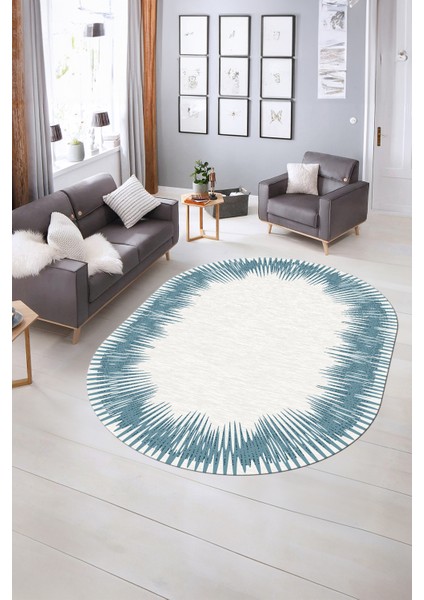 Dijital Kaymaz Yıkanabilir Modern Desen Oval Yolluk Mutfak Salon Halısı, N-O-Modern-48-Mavi, indirimleri
