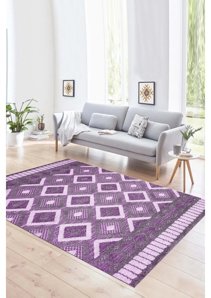 Dijital Baskılı Kaymaz Yıkanabilir Modern Desen Yolluk Mutfak Salon Halısı, N-Modern-69-Mor,