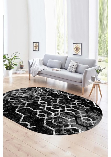 Dijital Kaymaz Yıkanabilir Modern Desen Oval Yolluk Mutfak Salon Halısı, N-O-Modern-03-Antrasit,