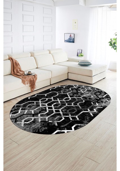 Dijital Kaymaz Yıkanabilir Modern Desen Oval Yolluk Mutfak Salon Halısı, N-O-Modern-03-Antrasit, fiyatları